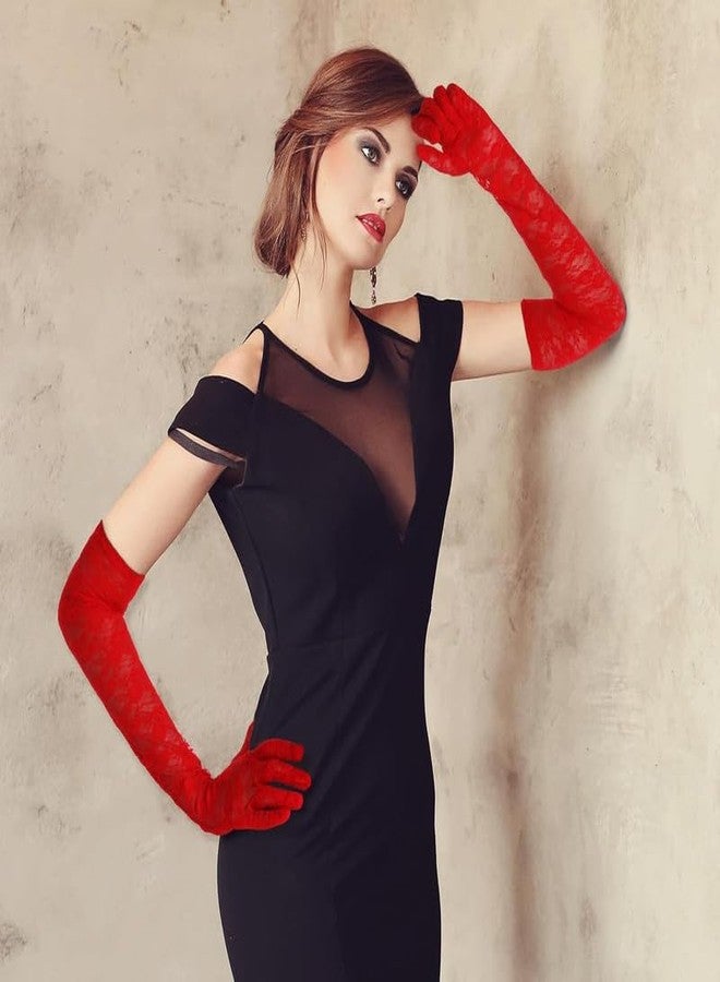 YANWENX Long Lace Gloves Bridal Gloves for Wedding Lace Gloves for Women Floral Opera Gloves Stretchy Elbow Length Gloves Party Costumes_Red - Image 4